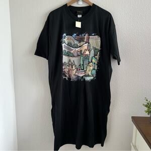 NWT Deadstock Vintage MGM Grand T-Shirt Dress Mirage Scene Las Vegas Strip Black